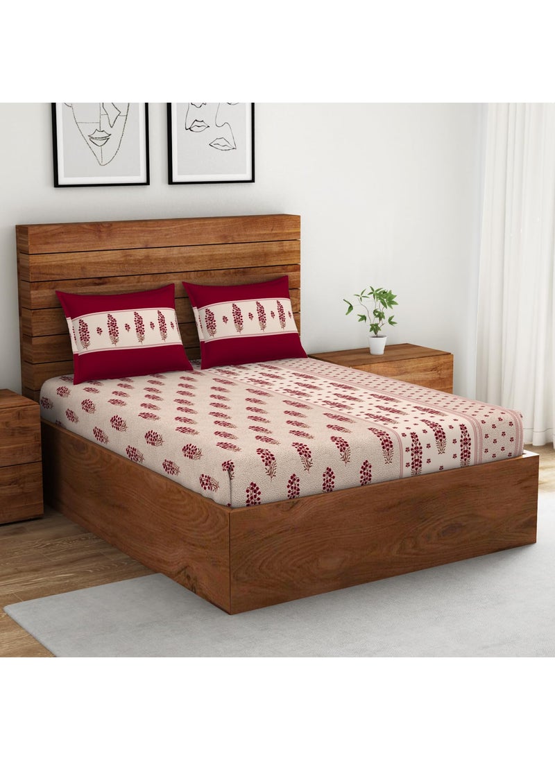 SPACES Spaces 100 Cotton Double Bedsheet 224 Cm X 254 Cm 43 Cm X 68 Cm 132 Tc Percale Ornate Bedsheet Pillow Covers Set Red Dahila Indian Ethnic  - Image 2