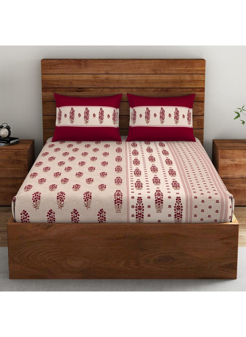 SPACES Spaces 100 Cotton Double Bedsheet 224 Cm X 254 Cm 43 Cm X 68 Cm 132 Tc Percale Ornate Bedsheet Pillow Covers Set Red Dahila Indian Ethnic  - Image 1