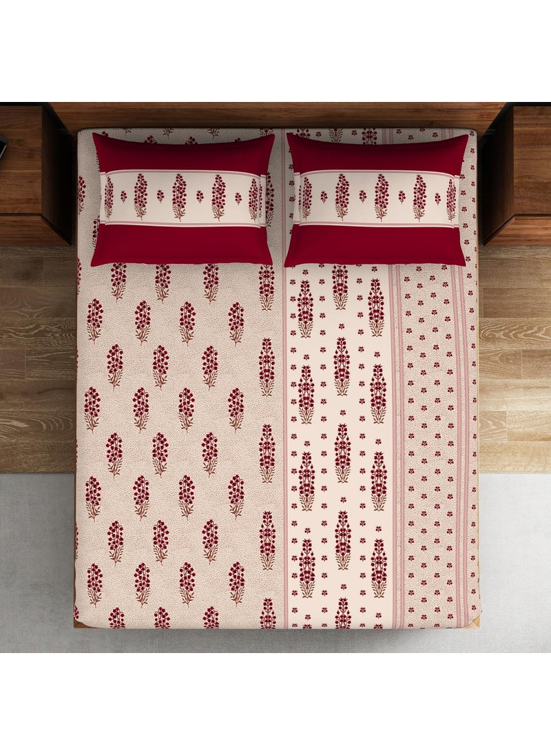 SPACES Spaces 100 Cotton Double Bedsheet 224 Cm X 254 Cm 43 Cm X 68 Cm 132 Tc Percale Ornate Bedsheet Pillow Covers Set Red Dahila Indian Ethnic  - Image 3