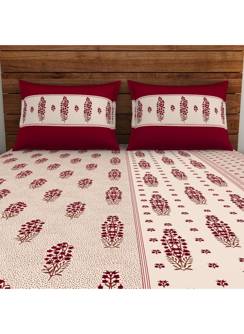 SPACES Spaces 100 Cotton Double Bedsheet 224 Cm X 254 Cm 43 Cm X 68 Cm 132 Tc Percale Ornate Bedsheet Pillow Covers Set Red Dahila Indian Ethnic  - Image 4