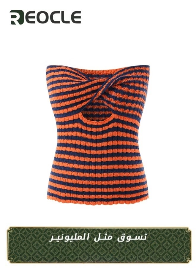 REOCLE Women's Tube Tops Summer Sweater Twist Knot Front Knit Bandeau Strapless Ribbed Sleeveless Corset Crop Top - Image 1