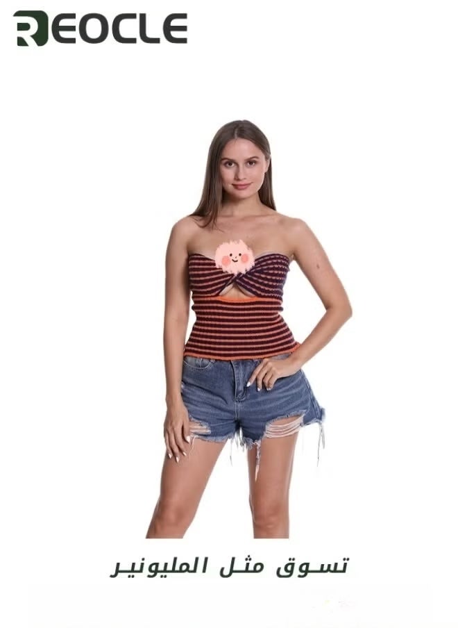 REOCLE Women's Tube Tops Summer Sweater Twist Knot Front Knit Bandeau Strapless Ribbed Sleeveless Corset Crop Top - Image 2