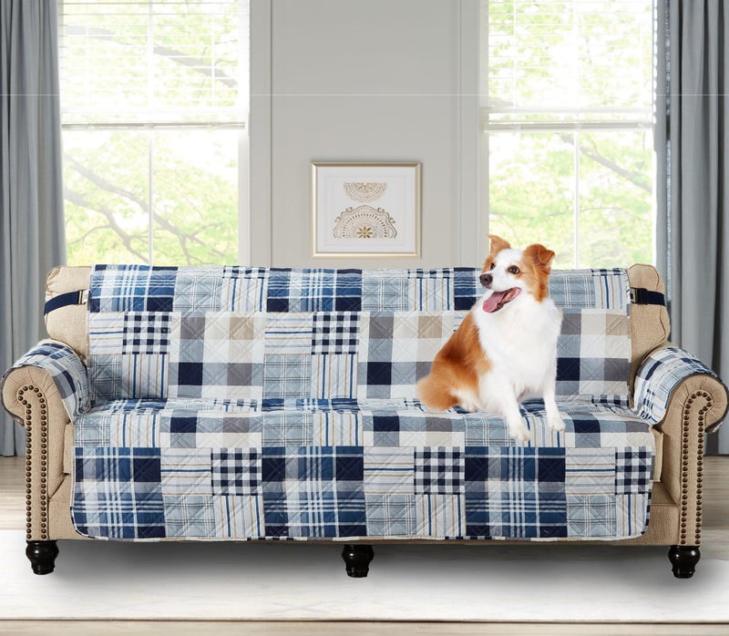 Brilliant Sunshine Brilliant Sunshine Plaids and Stripes Couch Slip Cover Patchwork Design Quilted Slipcover with 2 Strap 78 Seat Slip Resistant Cushion Protector Washable Sofa Covers for Dogs Cats Kids Blue