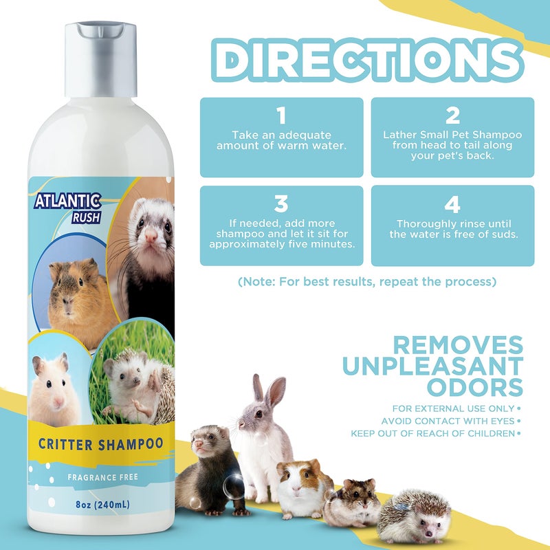 Atlantic Rush Critter Shampoo for Small Pets -Small Animal Fragrance & Detergent Free Shampoo - Sensitive Skin Shampoo for Ferrets, Guinea Pigs, Rabbits, Hedgehogs, Hamsters & Sugar Gliders (8 oz Fragrance Free) - Image 4