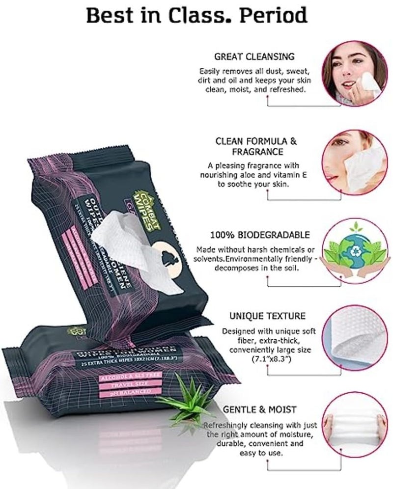 Combat Wipes Gaia - Feminine Hygiene Outdoor Wet Wipes - Extra Thick, Ultralight, Biodegradable, pH Balanced Body & Hand Cleansing Cloths for Women w/Aloe (1 Pack, 25 Wipes) - Image 2