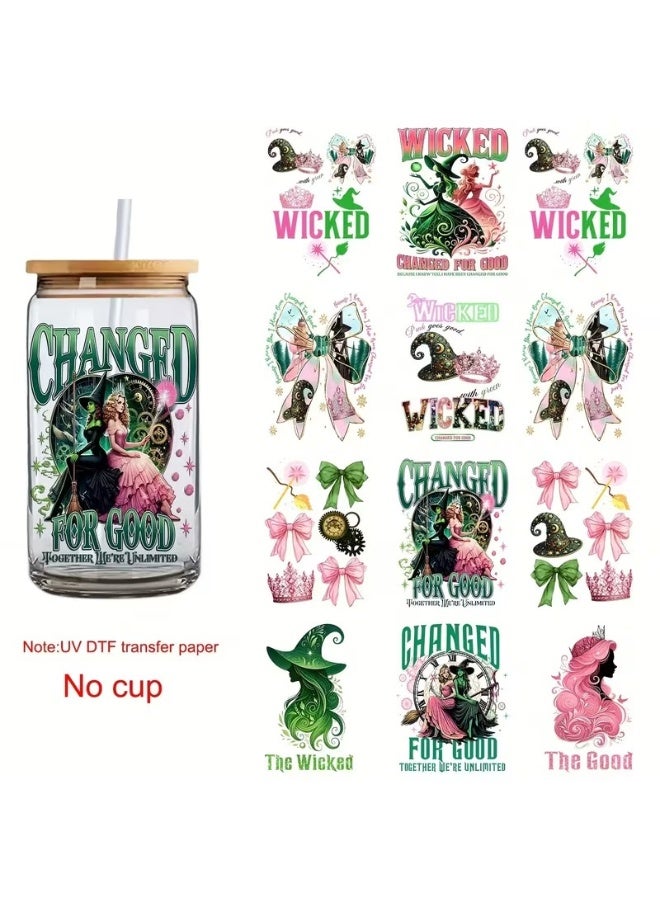 WICKED 12 Pictures, Vibrant Fantasy Princess And Wicked Theme UV DTF Transfer Stickers for 16 Oz Garage Bottles, Travel Cups, Water Cup Stickers, Perfect for Crafts, Gifts And Campus Decorations - Image 1