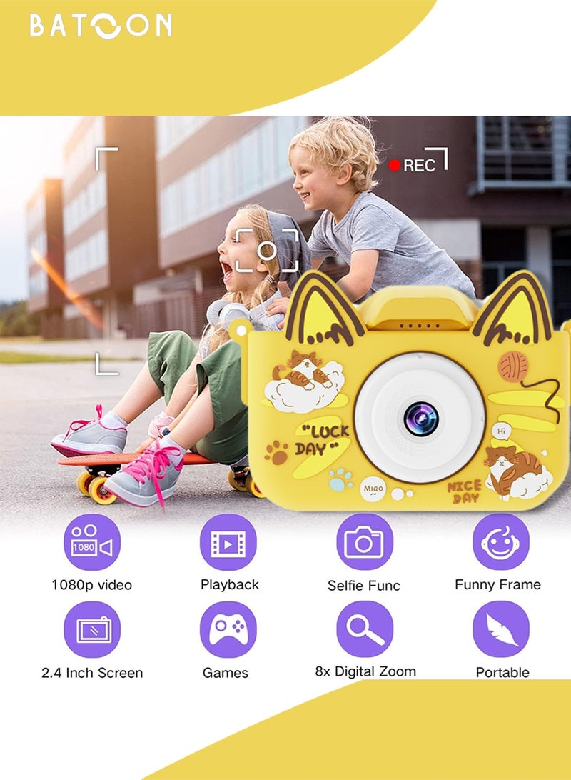 باتون كاميرا أطفال، صور بدقة 48 ميجابكسل، تقريب رقمي 8x، كاميرا فيديو رقمية عالية الدقة 1080 بكسل، مناسبة للأولاد/البنات من سن 3 إلى 12 عامًا، هدايا أعياد ميلاد ومناسبات للأطفال، بطاقة SD سعة 64 جيجابايت مع قارئ بطاقات (قطة صفراء كبيرة الأذنين) - Image 3