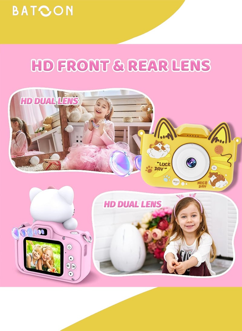 باتون كاميرا أطفال، صور بدقة 48 ميجابكسل، تقريب رقمي 8x، كاميرا فيديو رقمية عالية الدقة 1080 بكسل، مناسبة للأولاد/البنات من سن 3 إلى 12 عامًا، هدايا أعياد ميلاد ومناسبات للأطفال، بطاقة SD سعة 64 جيجابايت مع قارئ بطاقات (قطة صفراء كبيرة الأذنين) - Image 2