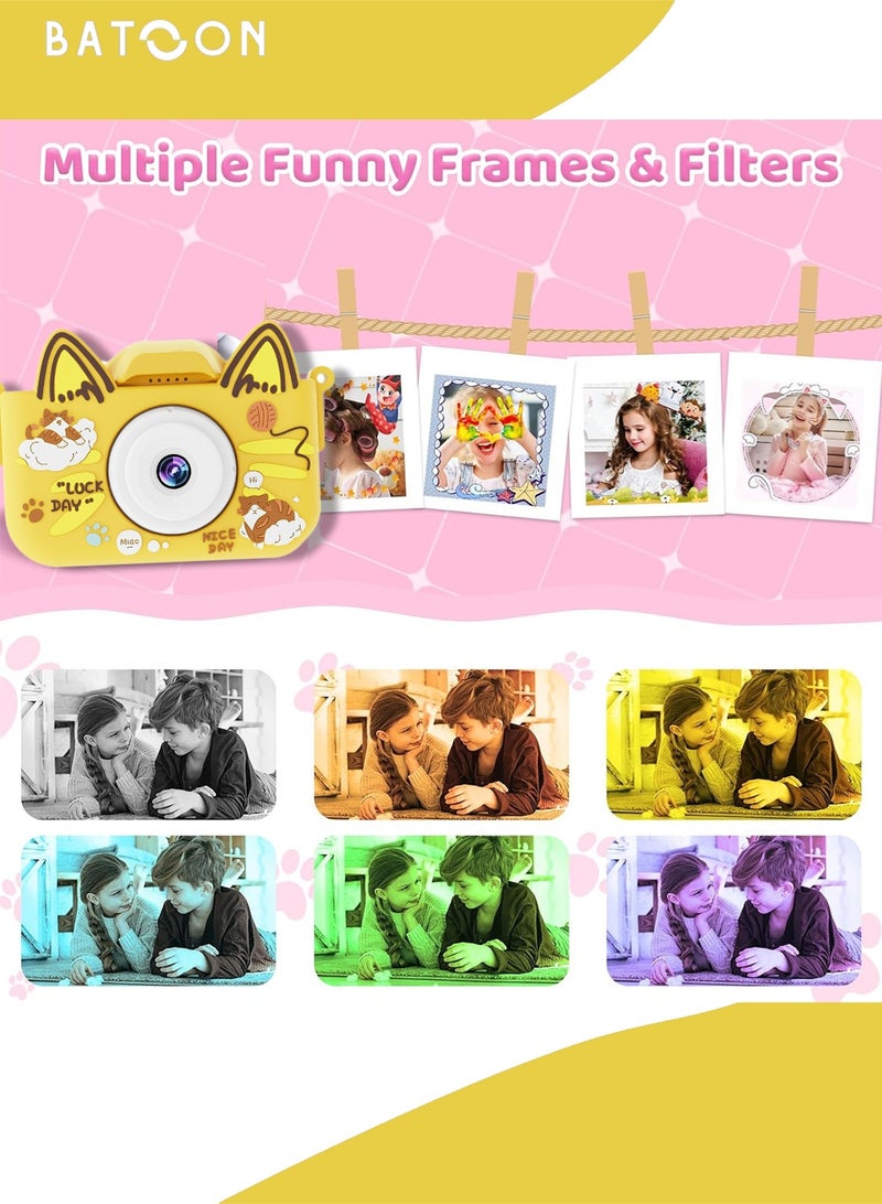 باتون كاميرا أطفال، صور بدقة 48 ميجابكسل، تقريب رقمي 8x، كاميرا فيديو رقمية عالية الدقة 1080 بكسل، مناسبة للأولاد/البنات من سن 3 إلى 12 عامًا، هدايا أعياد ميلاد ومناسبات للأطفال، بطاقة SD سعة 64 جيجابايت مع قارئ بطاقات (قطة صفراء كبيرة الأذنين) - Image 4