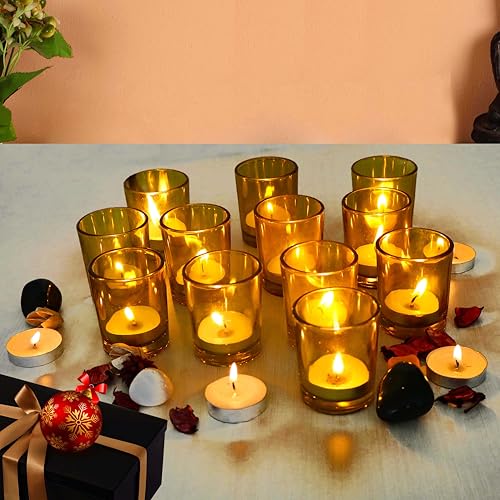 Pure Source India Glass Votive Tealight Candle Holder for Diwali, Birthday Gifts, Weeding, Party & Home Décor (Set of 12 pcs - Yellow) - Image 1