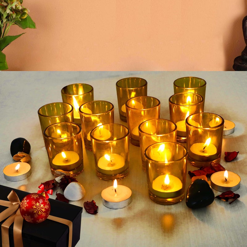 Pure Source India Glass Votive Tealight Candle Holder for Diwali, Birthday Gifts, Weeding, Party & Home Décor (Set of 12 pcs - Yellow) - Image 5