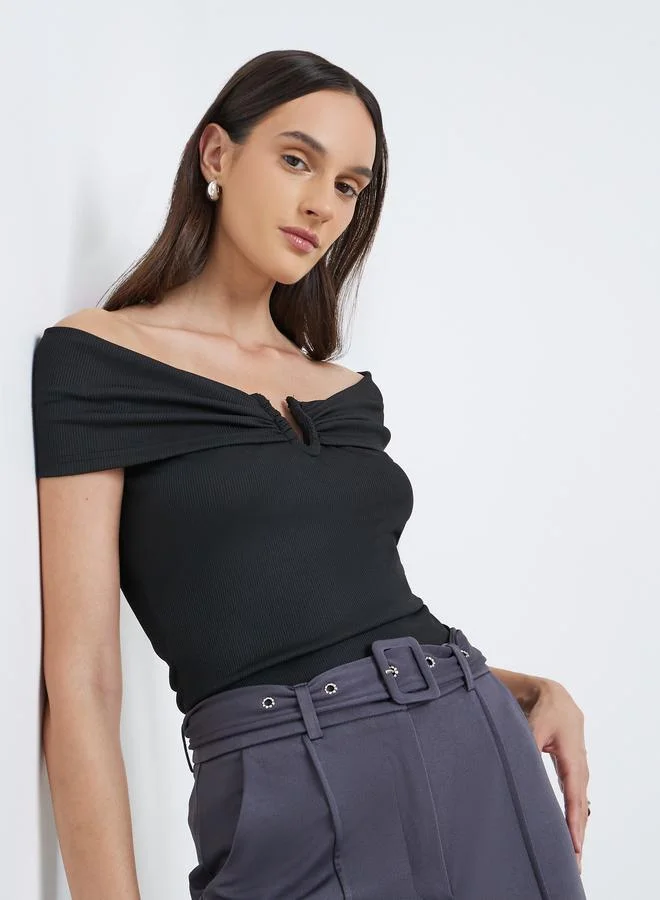 Styli Ribbed Knit off Shoulder Top