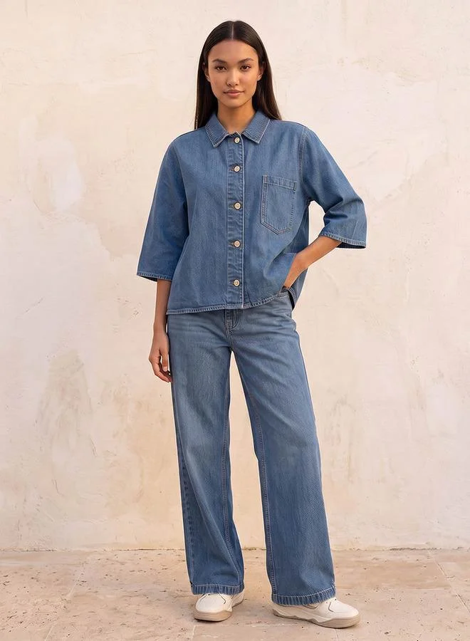 Splash FAV BLUE Denim Wide Leg Buttoned Waist Cotton Jeans for Women | Best Price UAE