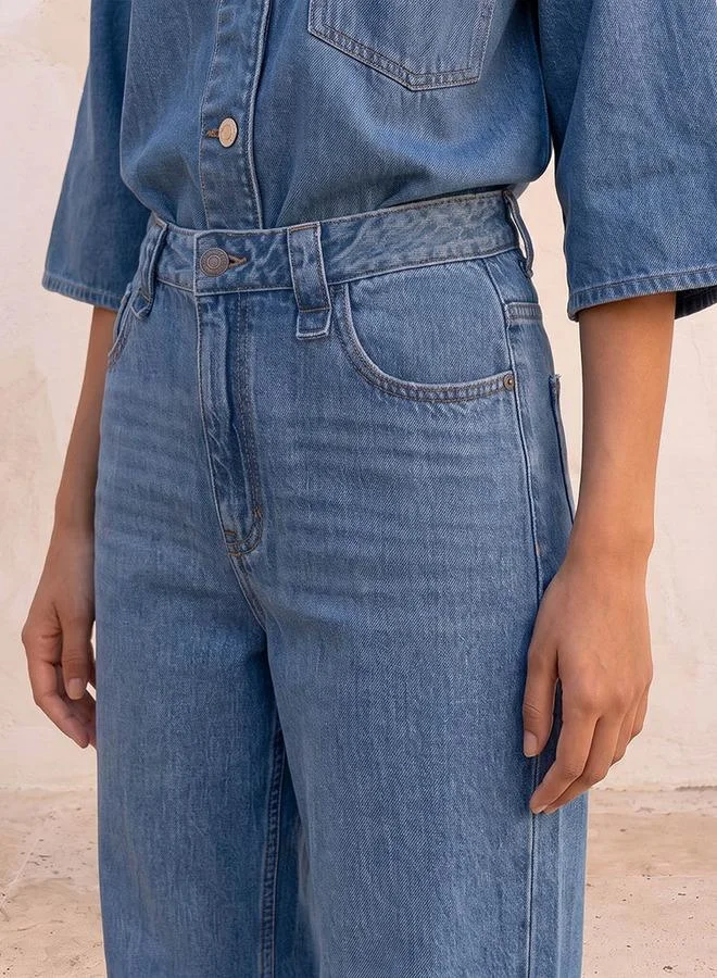 Splash FAV BLUE Denim Wide Leg Buttoned Waist Cotton Jeans for Women | Best Price UAE