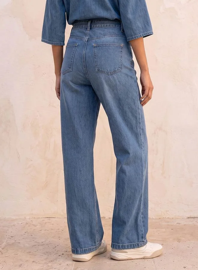 Splash FAV BLUE Denim Wide Leg Buttoned Waist Cotton Jeans for Women | Best Price UAE