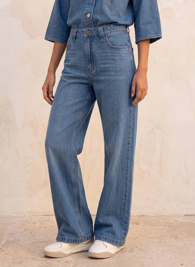 Denim Wide Leg Buttoned Waist Cotton Jeans