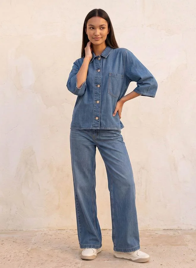 Splash FAV BLUE Denim Wide Leg Buttoned Waist Cotton Jeans for Women | Best Price UAE