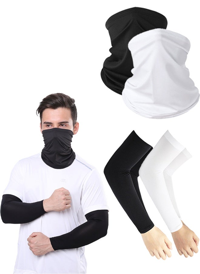 2 Pairs Uv Protection Cooling Arm Sleeves Face Mask Set-Sun Protective Face Mask Long Sleeves For Men Women, For Running, Golf, Basketball, Cycling, Covering Tattoos.