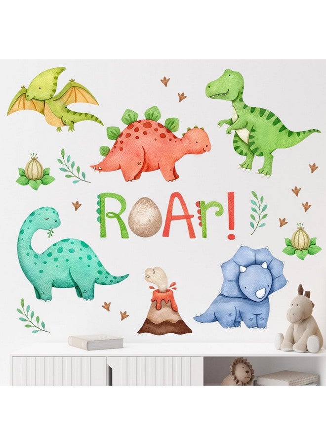 Mfault Watercolor Dinosaur Roar Wall Decals Stickers, Peel Stick Dino Stegosaurus Volcano Nursery Decorations Baby Boys Girls Bedroom Playroom Art, Neutral Tyrannosaurus Rex Kids Classroom Room Decor - Image 1