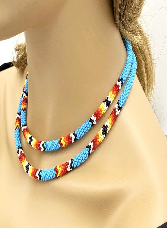 BeadsCorner Native Style Beaded Double Strand Rope Necklace for Women Handmade (Cyan Blue Fire) - Image 4