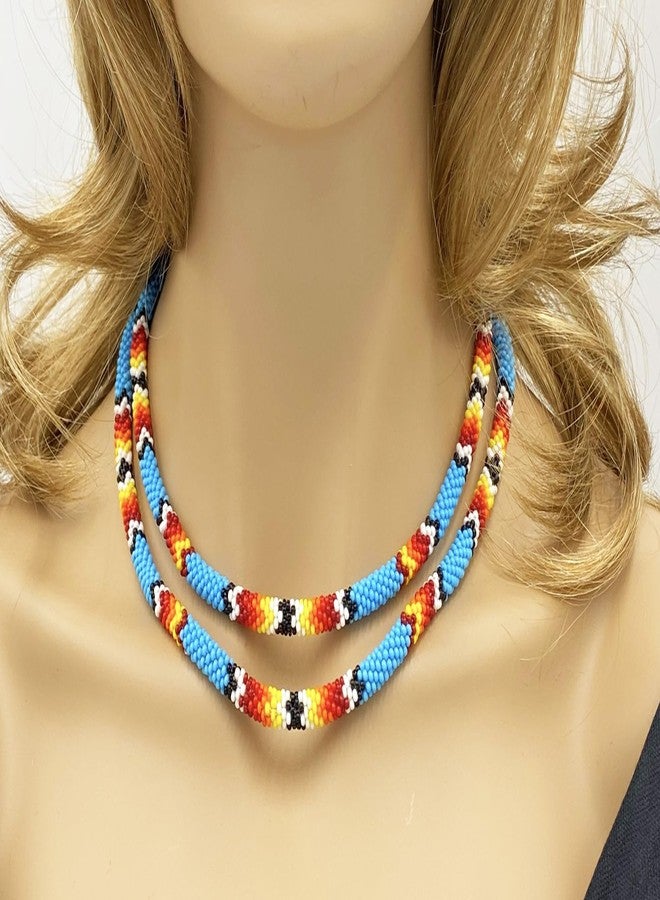 BeadsCorner Native Style Beaded Double Strand Rope Necklace for Women Handmade (Cyan Blue Fire) - Image 2
