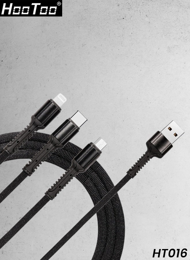 هوتو كابل شحن سريع هوتو HT016 3 في 1، بمخرج 3 أمبير/2.4 أمبير، بطول 1.2 متر، مصنوع من النايلون الممتاز، متعدد الاستخدامات، مزود بموصلات USB A إلى Micro USB، وType-C، وLightning. متين للغاية، خضع لاختبارات ثني تزيد عن 10,000 مرة، ومتين للاستخدام مع الهواتف والأجهزة اللوحية وبنوك الطاقة والأجهزة الأخرى. يدعم مزامنة البيانات. - Image 1
