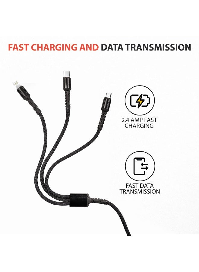 هوتو كابل شحن سريع هوتو HT016 3 في 1، بمخرج 3 أمبير/2.4 أمبير، بطول 1.2 متر، مصنوع من النايلون الممتاز، متعدد الاستخدامات، مزود بموصلات USB A إلى Micro USB، وType-C، وLightning. متين للغاية، خضع لاختبارات ثني تزيد عن 10,000 مرة، ومتين للاستخدام مع الهواتف والأجهزة اللوحية وبنوك الطاقة والأجهزة الأخرى. يدعم مزامنة البيانات. - Image 3