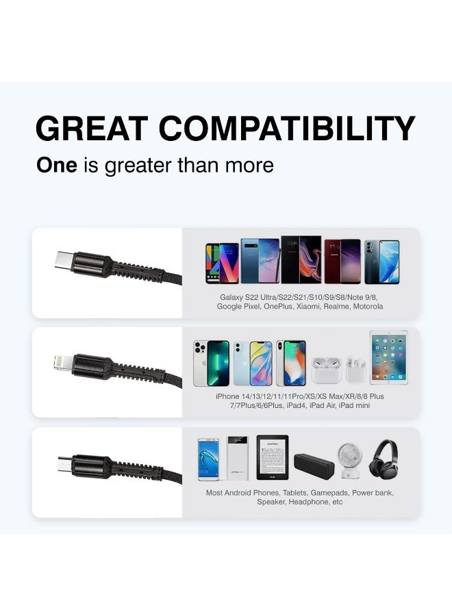 هوتو كابل شحن سريع هوتو HT016 3 في 1، بمخرج 3 أمبير/2.4 أمبير، بطول 1.2 متر، مصنوع من النايلون الممتاز، متعدد الاستخدامات، مزود بموصلات USB A إلى Micro USB، وType-C، وLightning. متين للغاية، خضع لاختبارات ثني تزيد عن 10,000 مرة، ومتين للاستخدام مع الهواتف والأجهزة اللوحية وبنوك الطاقة والأجهزة الأخرى. يدعم مزامنة البيانات. - Image 4