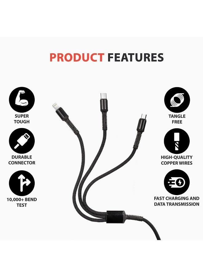 هوتو كابل شحن سريع هوتو HT016 3 في 1، بمخرج 3 أمبير/2.4 أمبير، بطول 1.2 متر، مصنوع من النايلون الممتاز، متعدد الاستخدامات، مزود بموصلات USB A إلى Micro USB، وType-C، وLightning. متين للغاية، خضع لاختبارات ثني تزيد عن 10,000 مرة، ومتين للاستخدام مع الهواتف والأجهزة اللوحية وبنوك الطاقة والأجهزة الأخرى. يدعم مزامنة البيانات. - Image 2