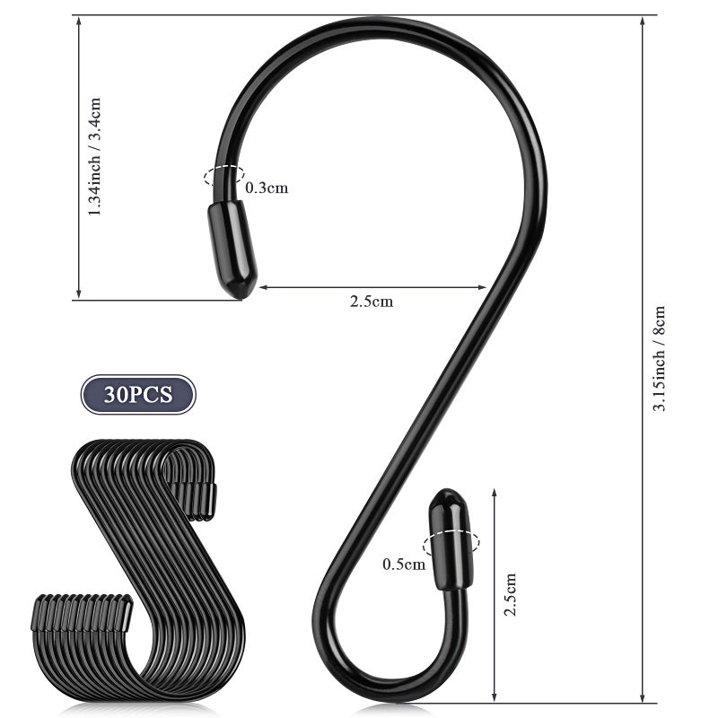 Hotop 36 Pcs S Hooks for Hanging 3.15 Inch Heavy Duty S Shaped Stainless Steel Hook Metal Hanging Curtain Hooks Pan Pot Holder Rack for Pot, Pan, Cups, Plants, Bags, Jeans, Towels(Black) - Image 2
