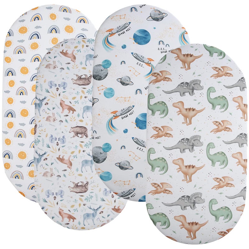 Tontukatu Bassinet Sheet Set 4 Pack Snug Fitted Cradle Fitted Sheets Stretchy Ultra Soft for Oval Rectangle Hourglass Bassinet Mattress Unisex Boy Girl SunForest DeerSpaceDinosaur
