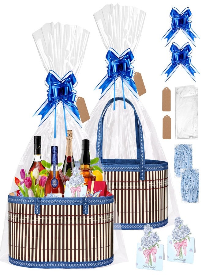 Dreamtop 2 Set Baskets for Gifts Empty, Woven Bamboo Gift Basket Empty Large with Handles, Sturdy Gift Basket Kit Empty to Fill for Christmas Birthday Baby Shower Wedding Gift (Blue - Image 1