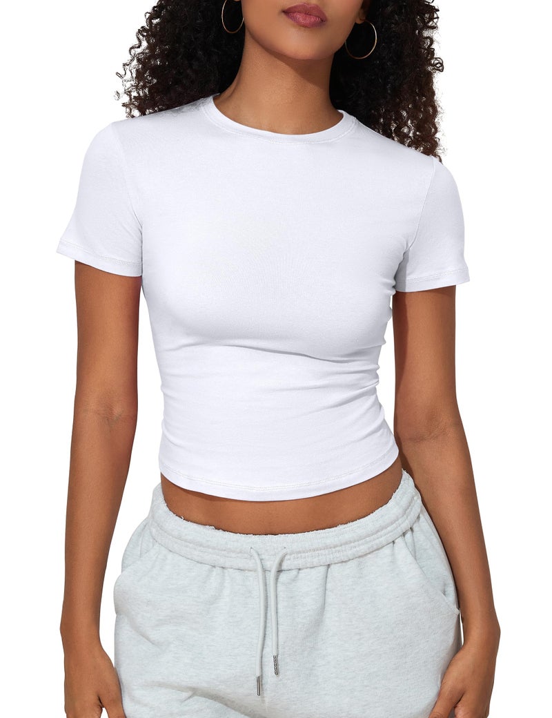 PrettyGuide Women's Casual Summer Basic Tops Crew Neck Short Sleeve Fitted T Shirt Trendy Baby Tee White M - Image 4