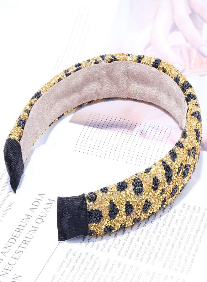 Suoirblss Handmade Leopard Print Headbands Rhinestone Fashionable Sponge Hairbands Crystal Beaded Wide Headpiece for Women Girls Hair Accessories (Gold) - Image 2