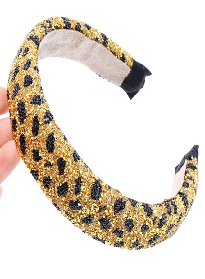 Suoirblss Handmade Leopard Print Headbands Rhinestone Fashionable Sponge Hairbands Crystal Beaded Wide Headpiece for Women Girls Hair Accessories (Gold) - Image 1