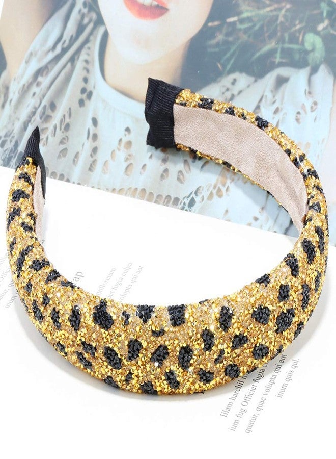 Suoirblss Handmade Leopard Print Headbands Rhinestone Fashionable Sponge Hairbands Crystal Beaded Wide Headpiece for Women Girls Hair Accessories (Gold) - Image 5