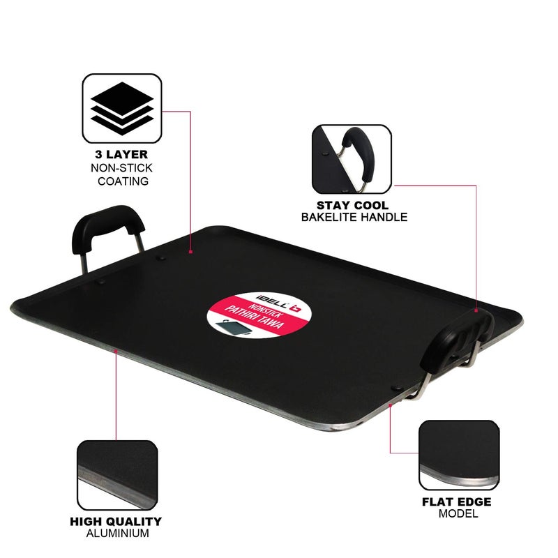 IBELL 3833DLX Non Stick Tawa, Dosa Roti Chapati Pathiri Tawa, Large Rectangular Aluminium Body with Bended Edge, 37.5cm x 31.5cm with 5mm Thickness (Black) - Image 3