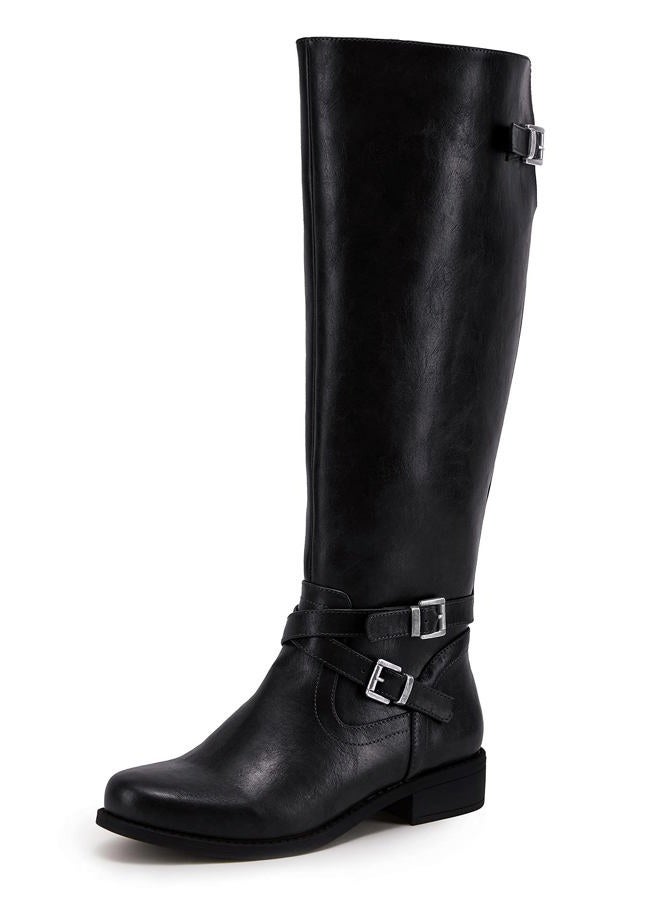 Ermonn Womens Knee High Boots Wide Calf Flat Low Heel Side Zipper Faux Leather Fashion Winter Riding Boot, Black, 7.5 - Image 1