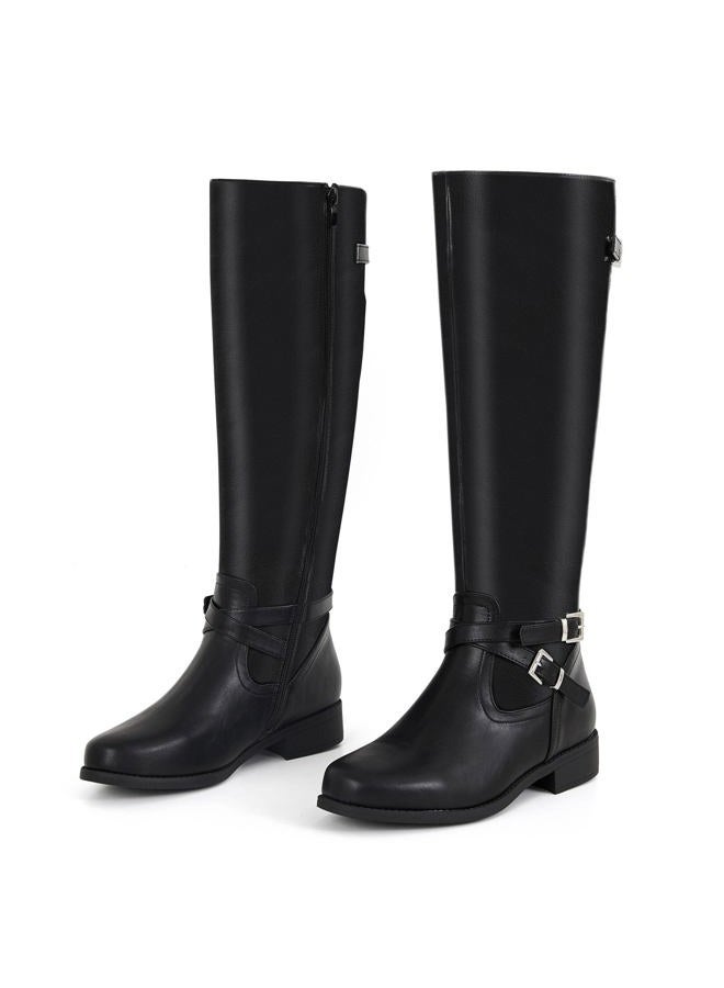 Ermonn Womens Knee High Boots Wide Calf Flat Low Heel Side Zipper Faux Leather Fashion Winter Riding Boot, Black, 7.5 - Image 2