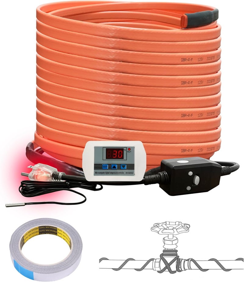 Cupohus Heat Tape for Water Pipes with Digital Display Thermostat 100FT, Freeze Protection Self-Regulating Heat Trace Cable for Metal, Plastic Home Pipes, Roof and RV - Image 1