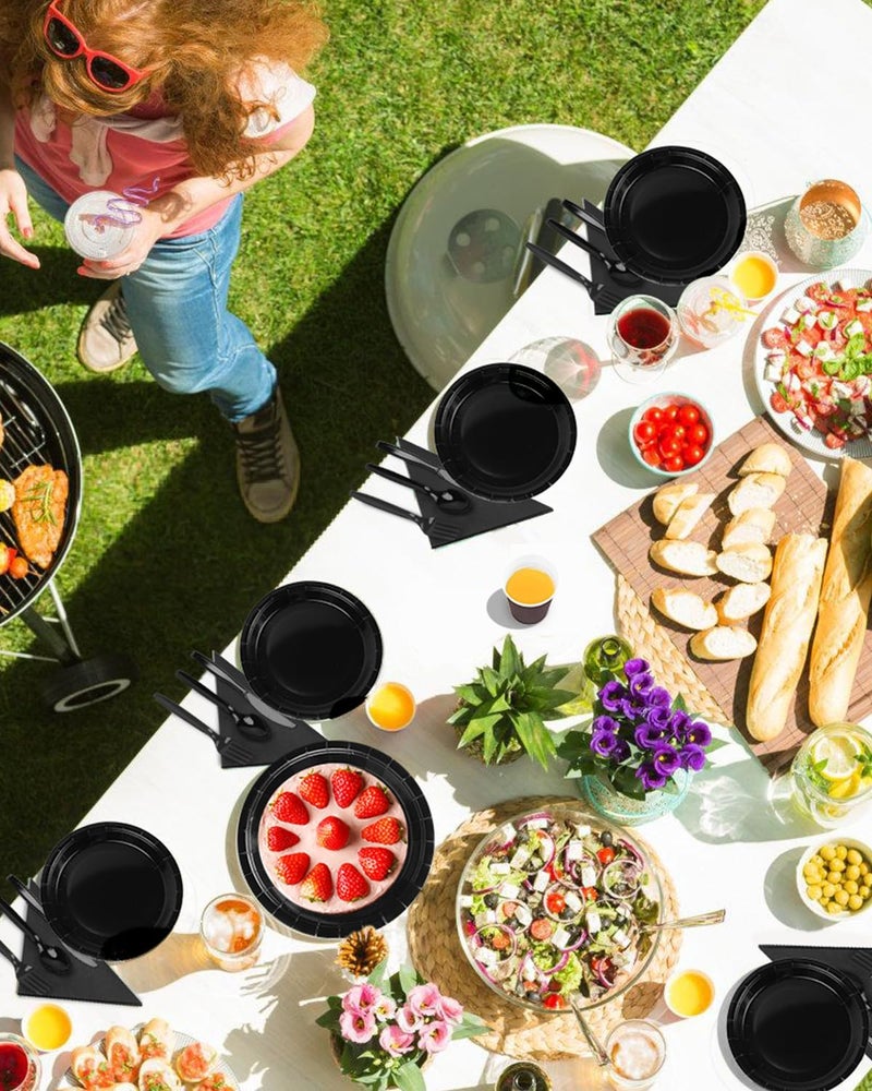 Lzerking Black Party Supplies Set 224 Pieces of Black Paper Plates  Cups  Napkins  and Heavy Duty Plastic Spoons Forks Knives for 32 Guests for Birthday  Graduation  Wedding  Festivals - Image 2