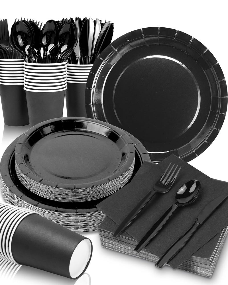 Lzerking Black Party Supplies Set 224 Pieces of Black Paper Plates  Cups  Napkins  and Heavy Duty Plastic Spoons Forks Knives for 32 Guests for Birthday  Graduation  Wedding  Festivals - Image 1