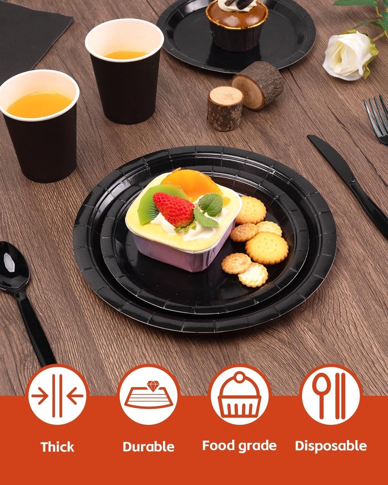 Lzerking Black Party Supplies Set 224 Pieces of Black Paper Plates  Cups  Napkins  and Heavy Duty Plastic Spoons Forks Knives for 32 Guests for Birthday  Graduation  Wedding  Festivals - Image 4