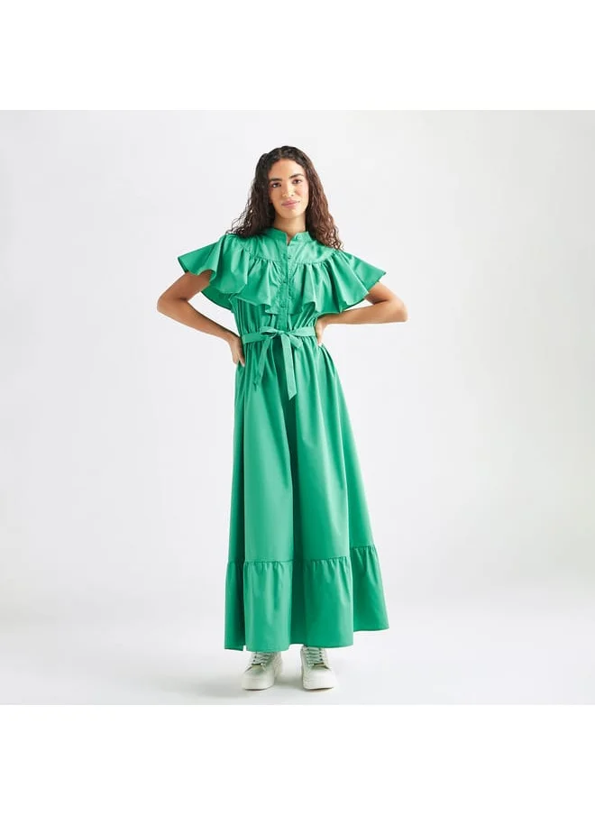 FAV Solid Maxi Dress with Ruffle Detail and Tie-up Belt