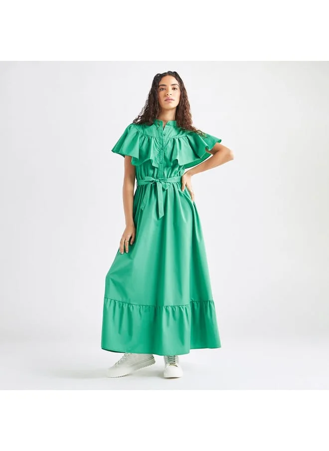 FAV Solid Maxi Dress with Ruffle Detail and Tie-up Belt