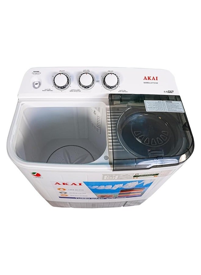 AKAI WMMA-XTT51W 5 kg Twin-Tub Semi-Automatic Washing Machine 5 kg WMMA-XTT51W White - Image 2