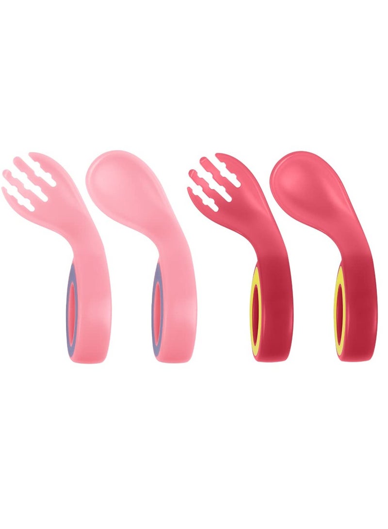 KASTWAVE Baby Fork and Spoon Set, 4Pcs Self Feeding Utensil Easy Grip Toddler Cutlery Kit, Baby Weaning and Feeding Spoons Easy Grip Bendable Perfect Self Feeding Spoon Fork (Red/Pink) - Image 1