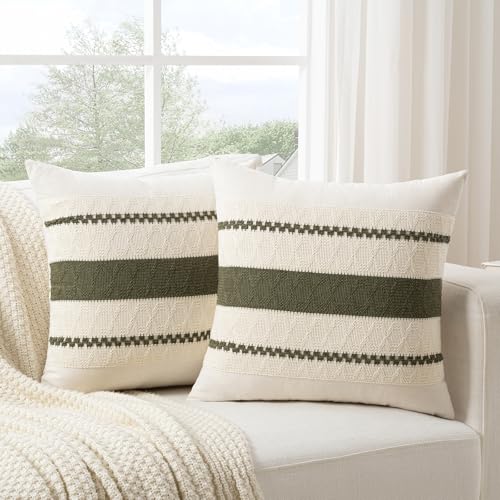Fancy Homi Set of 1 Boho Olive Green Decorative Throw Pillow Cover 16x16 Inch for Couch Bed Sofa Aesthetic Modern Organic Farmhouse Home Decor Soft Cotton Cute Accent Macrame Woven Cushion Case - Image 3