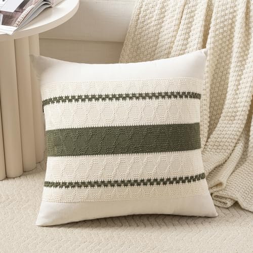Fancy Homi Set of 1 Boho Olive Green Decorative Throw Pillow Cover 16x16 Inch for Couch Bed Sofa Aesthetic Modern Organic Farmhouse Home Decor Soft Cotton Cute Accent Macrame Woven Cushion Case - Image 1