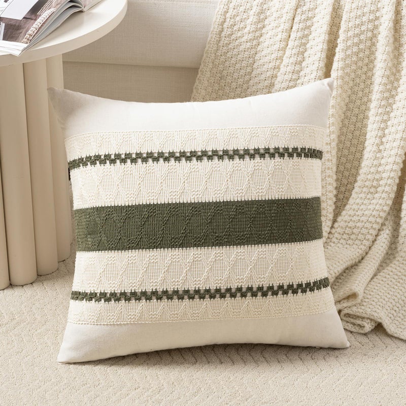 Fancy Homi Set of 1 Boho Olive Green Decorative Throw Pillow Cover 16x16 Inch for Couch Bed Sofa Aesthetic Modern Organic Farmhouse Home Decor Soft Cotton Cute Accent Macrame Woven Cushion Case - Image 2